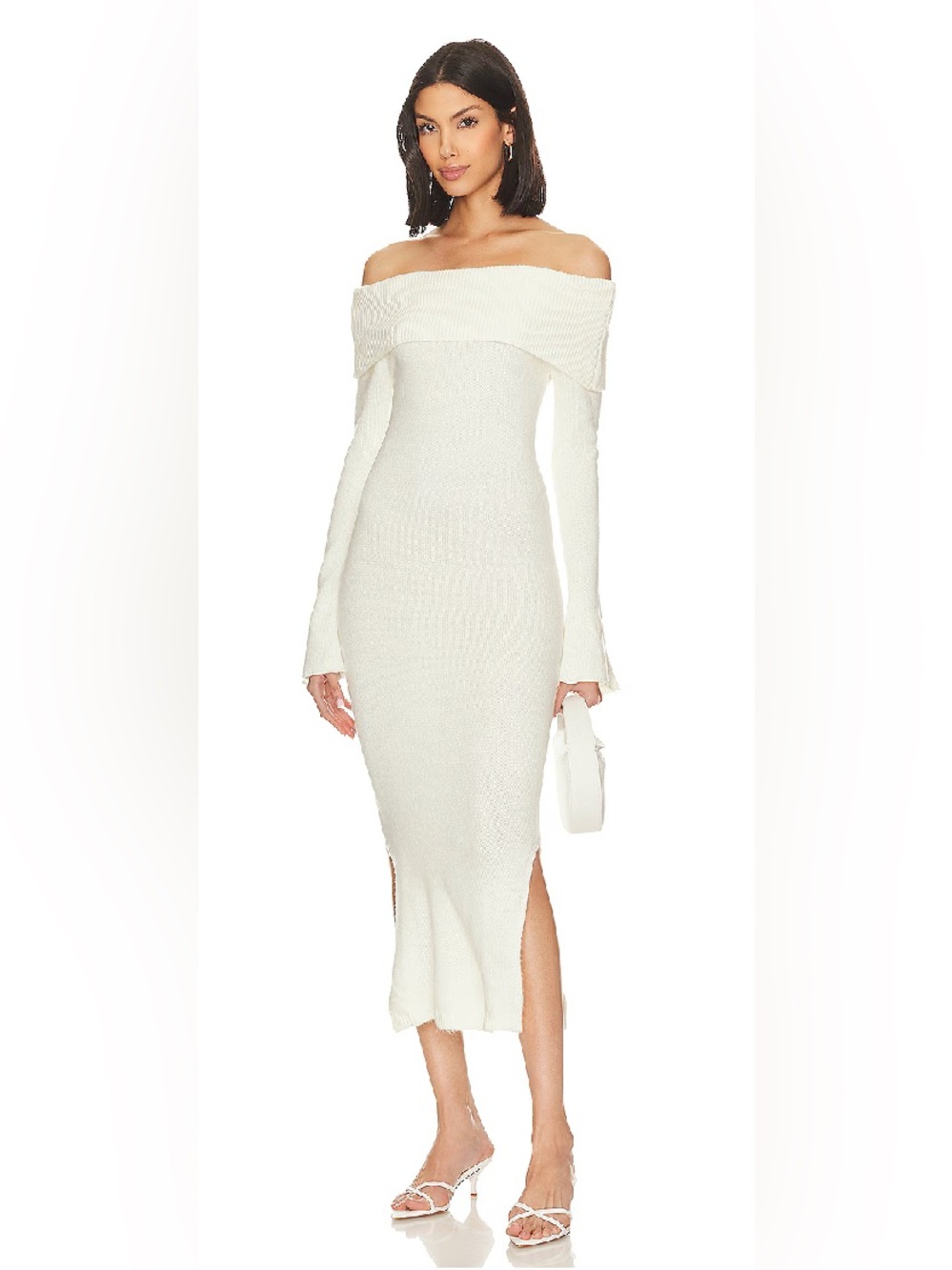 Off-Shoulder Cream Midi Knit Dress